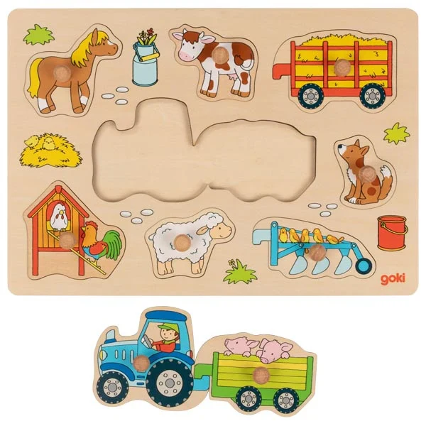 Wooden Lift-Out Peg Puzzle - Tractor with Trailers - Image 2
