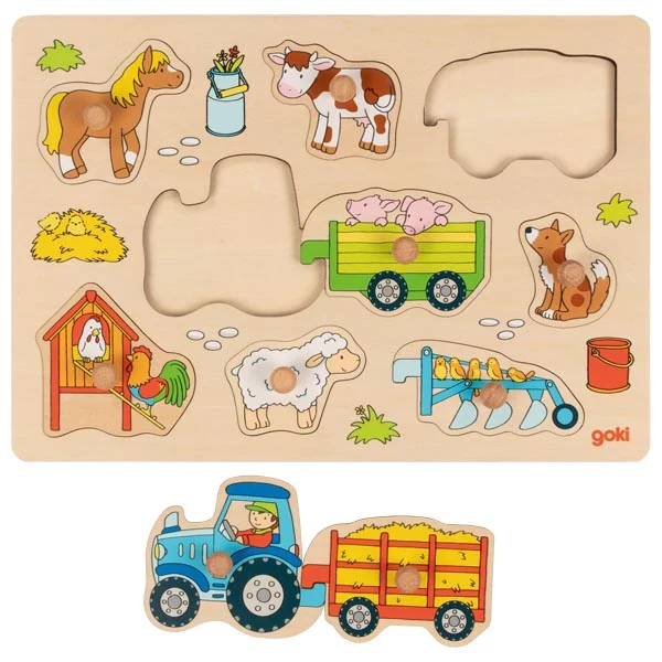 Wooden Lift-Out Peg Puzzle - Tractor with Trailers - Image 3